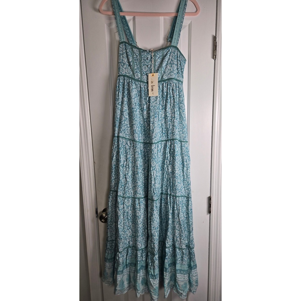 In‎ Loom Teal Floral Tiered Maxi Dress Small NWT Boho Smocked Lace Trim